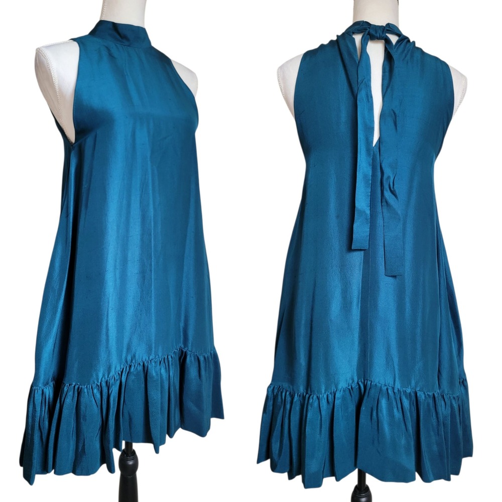 AZEEZA x Barneys New York Teal 100% Silk Halter‎ Neck Ruffle Mini Dress Small